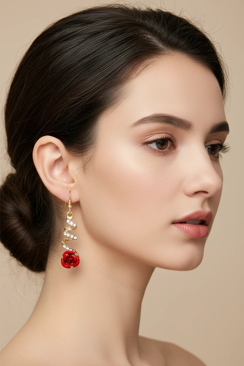 Boucle d'oreille strass fleur rouge acier inoxydable