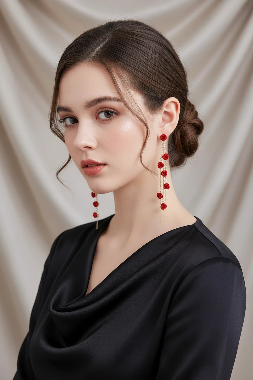Boucle d'oreille strass fleur rouge acier inoxydable