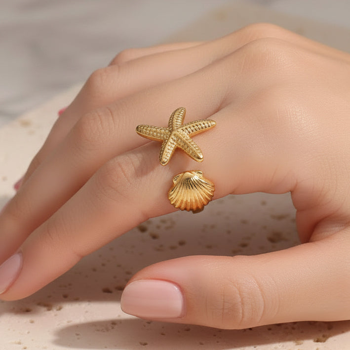 Bague coquillage et étoilé réglable en acier inoxydable
