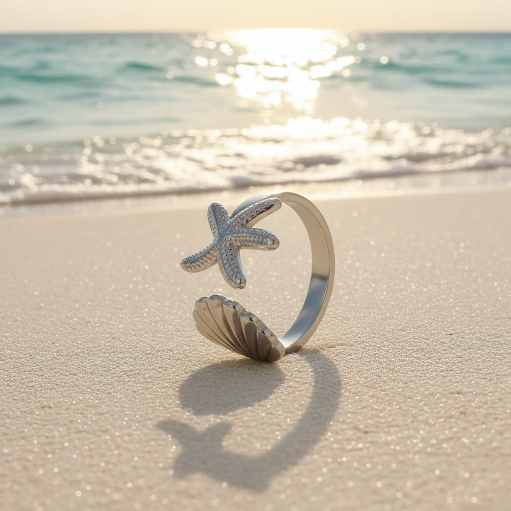 Bague coquillage et étoilé réglable en acier inoxydable