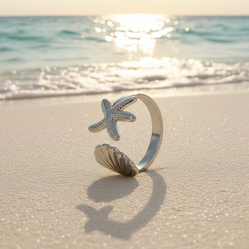 Bague coquillage et étoilé réglable en acier inoxydable