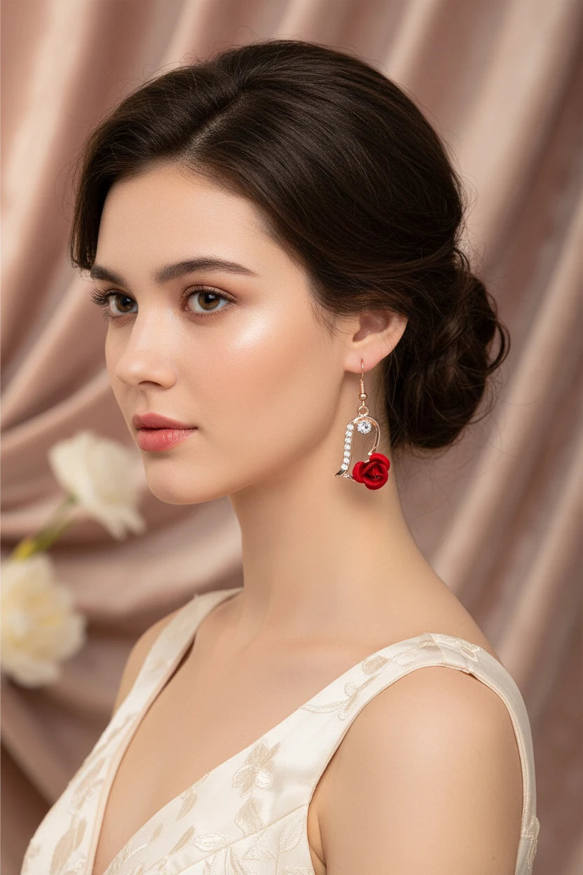 Boucle d'oreille strass fleur rouge acier inoxydable