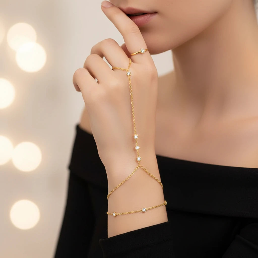 Bracelet chaîne main doré double couche