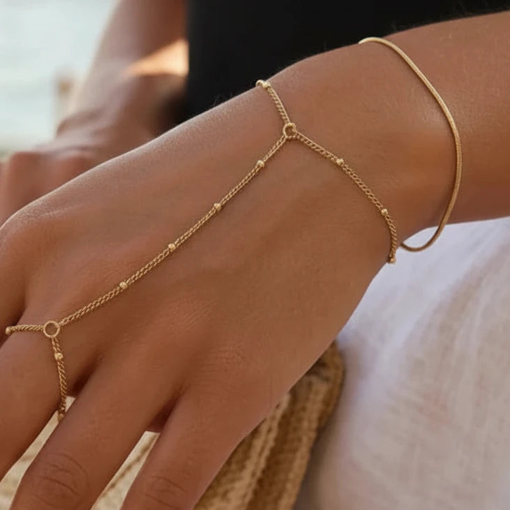 Bracelet chaîne main doré double couche