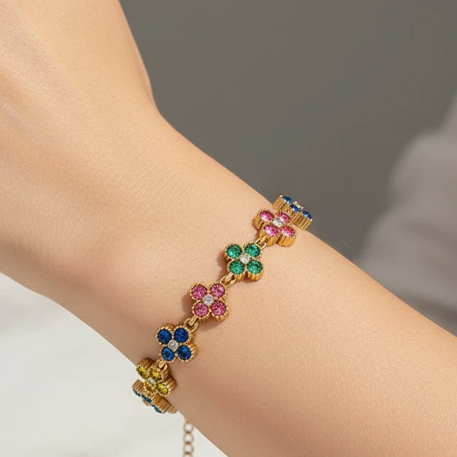 Bracelet trèfle zircons colorés acier inoxydable