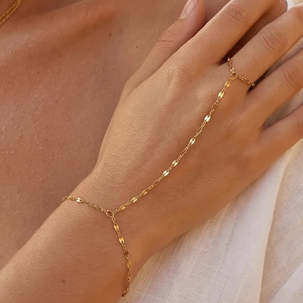 Bracelet chaîne main doré double couche